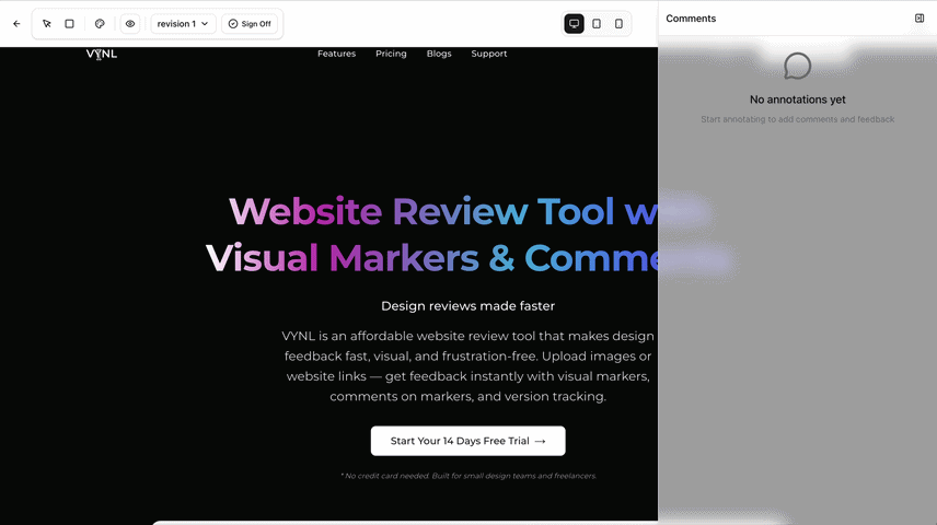 VYNL annotation tool — empty canvas ready for feedback